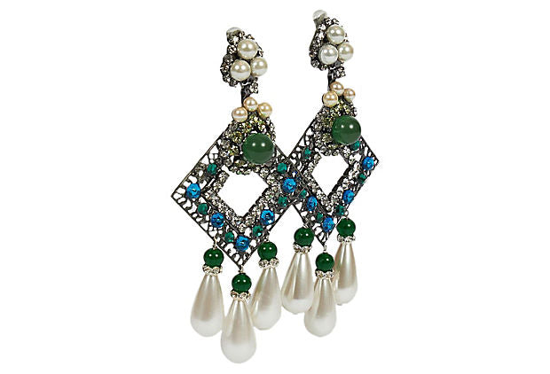 Vrba Emerald & Pearl Chandelier Earrings