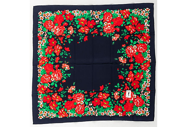 YSL Black & Red Silk Flowers Scarf