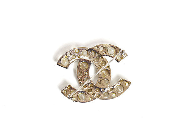 Chanel Silver & Rhinestone Logo Pin