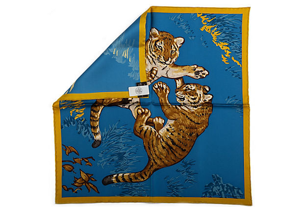 Hermès Blue Tiger Cubs Silk Gavroche
