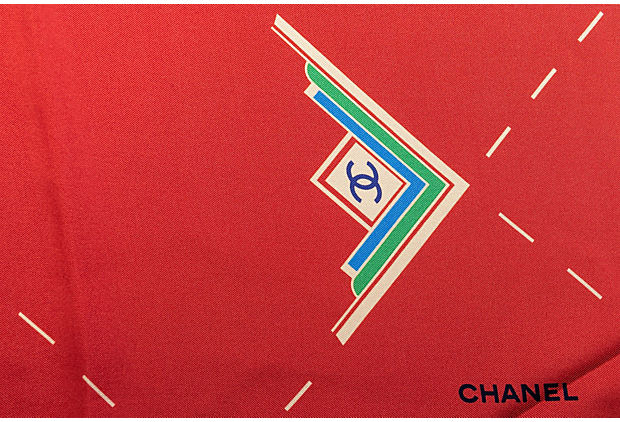 Chanel Geometric Logo Red Silk Scarf