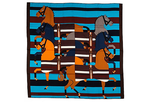 Hermes Turquoise Horses Cashmere Shawl
