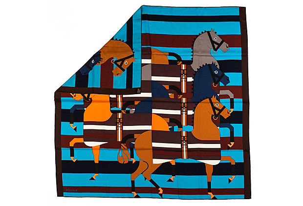 Hermes Turquoise Horses Cashmere Shawl