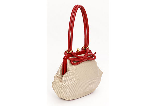 Chanel Beige & Red Perforated Bow Bag